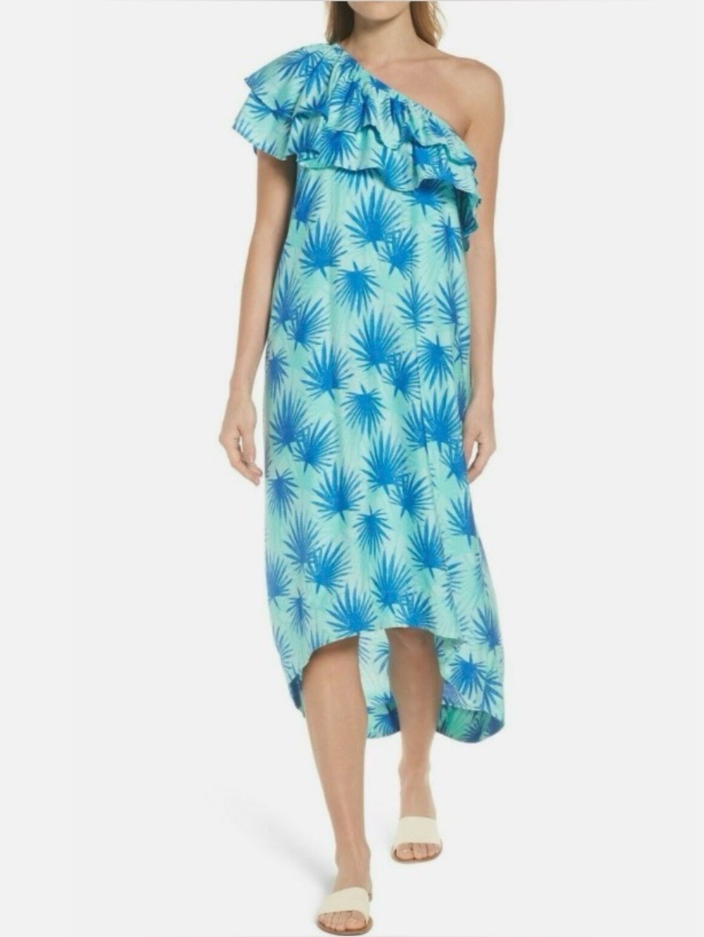 Vineyard Vines Tropical One-Shoulder Blue Palm-Print Ruffle Maxi Dress size 10